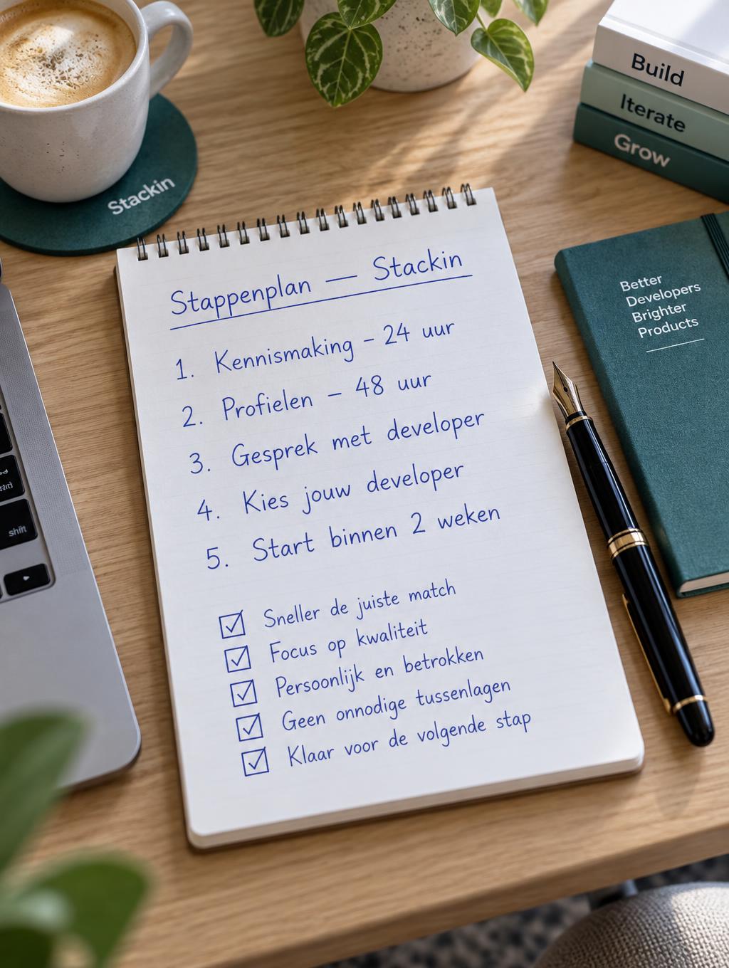 Handgeschreven stappenplan van de samenwerking met Stackin op een notitieblok